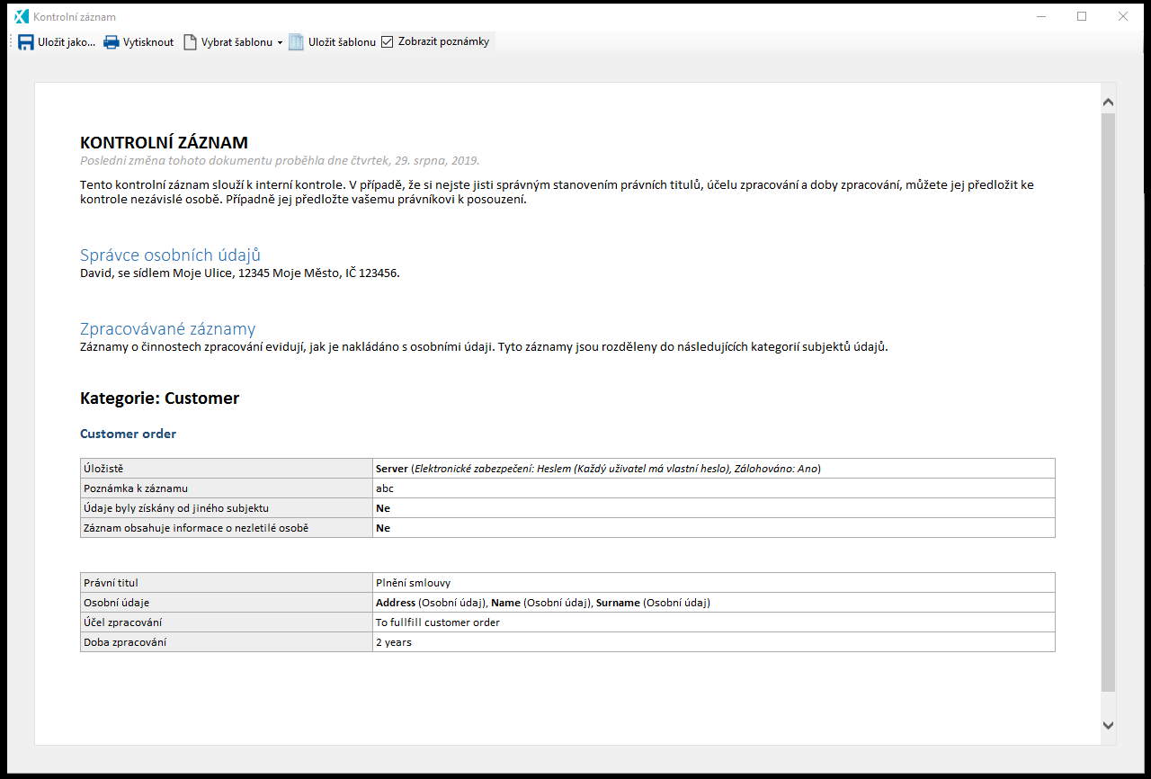 Tiskový výstup - GDPR management software