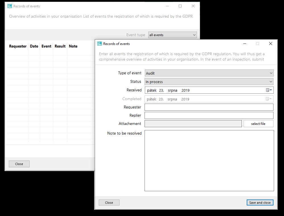 Record of event - GDPR management software